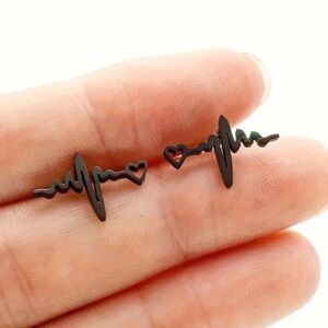 Heart Heartbeat Black Stud Earrings